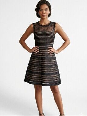Lace Illusion BCBG Horizontal Ribbon OverlayFit & Flare Cocktail Dress Size S